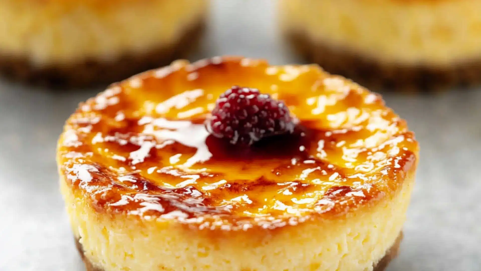 vanilla bean creme brulee cheesecake cupcakes on a white plate