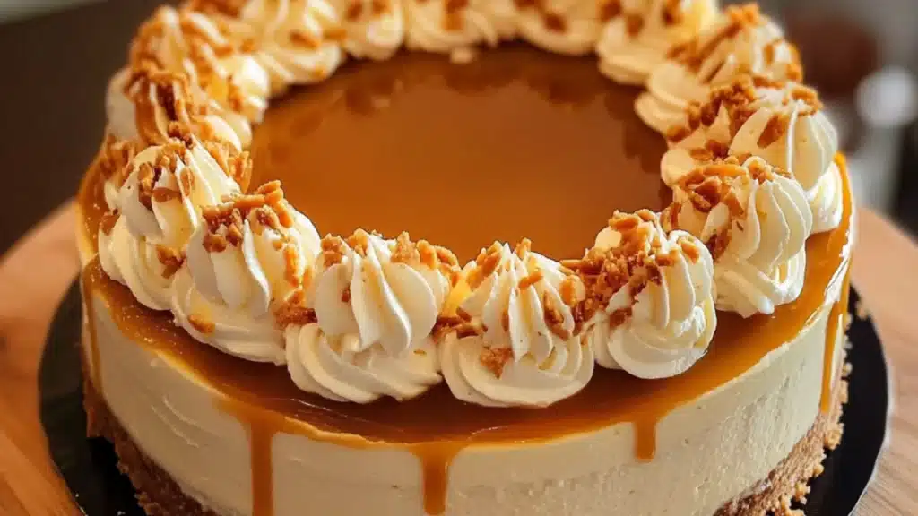 two slices of butterscotch cheesecake on white plates