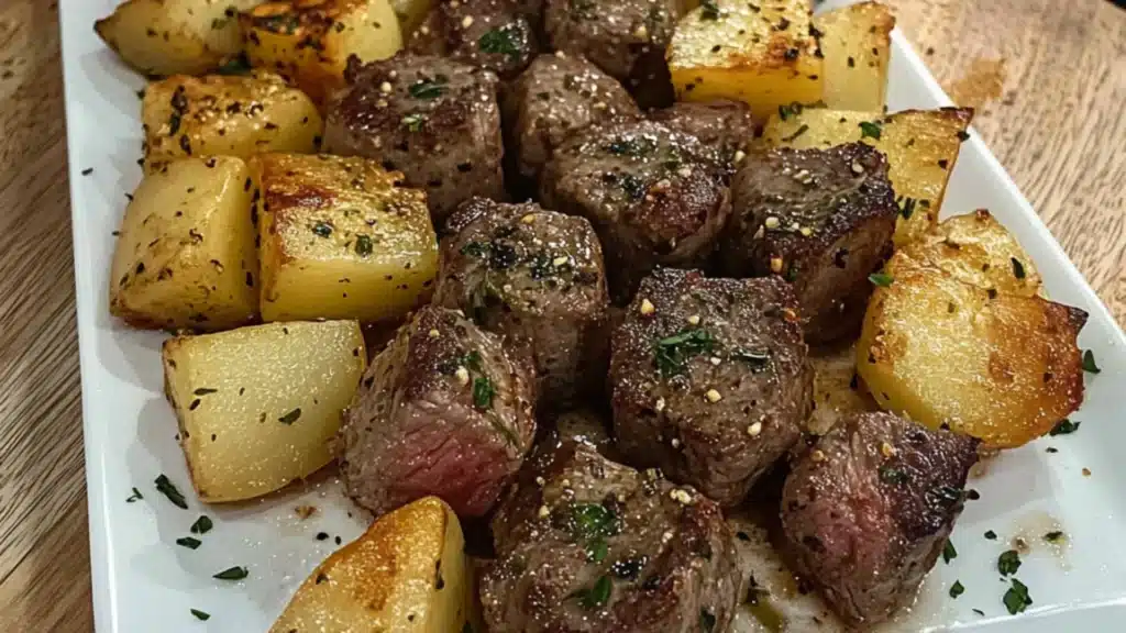steak and potatoes in a skillet with text overlay that reads garlic steak bites and potatoes