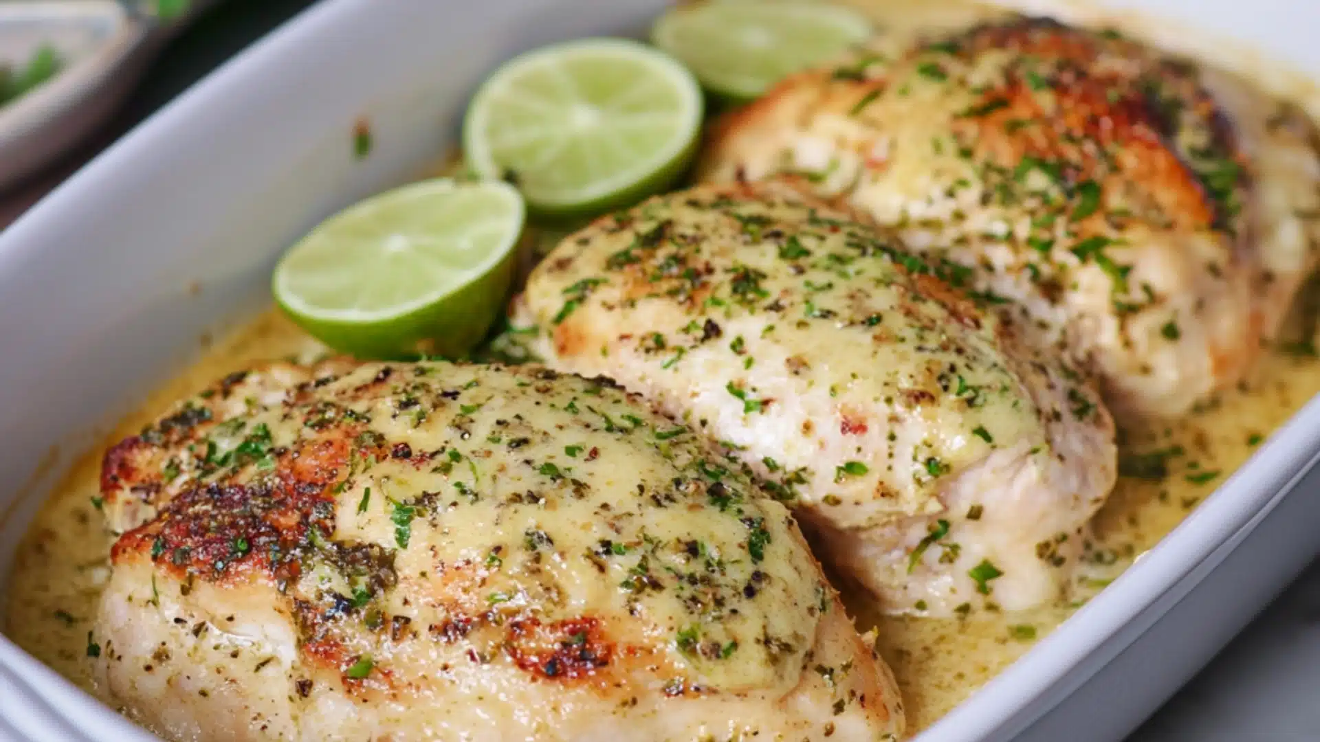 a casserole dish filled with chicken and topped with parsley next to a bottle of prima kitchen avocado lime baked chicken