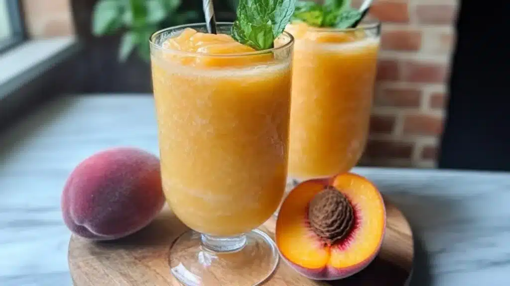 two glasses filled with frozen peach lemonade slushies