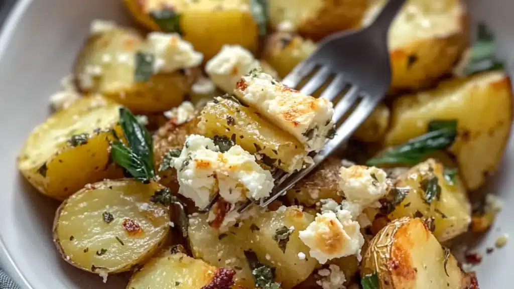 greek feta baked potatoes on a white plate with text overlay that reads, greek feta baked potatoes one pot potato side dish