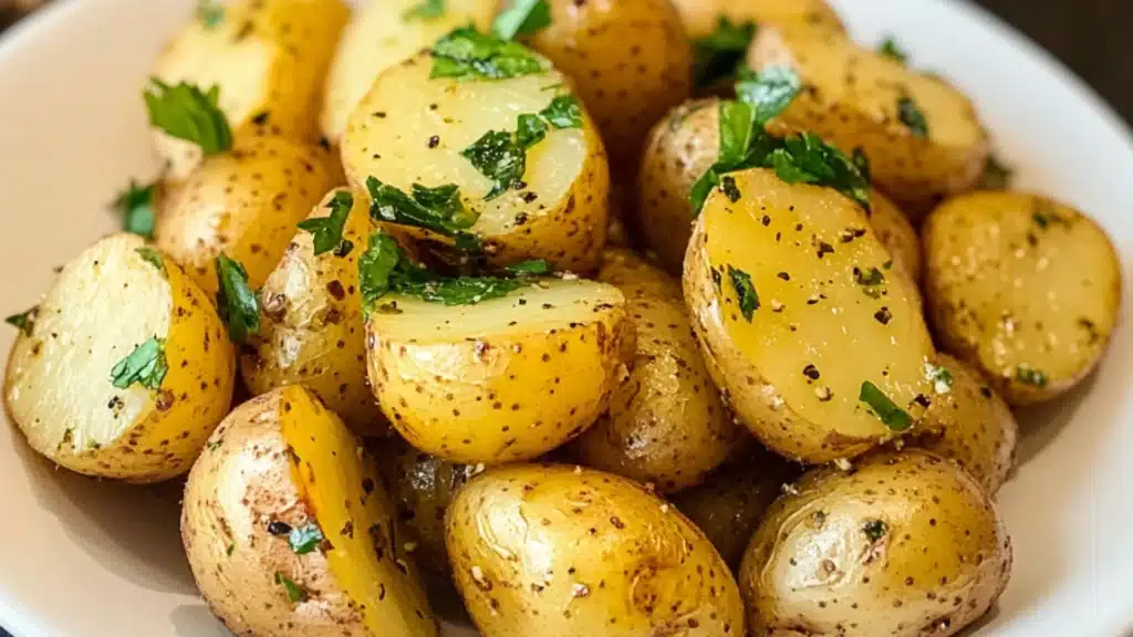 a bowl filled with baby potatoes covered in herbs