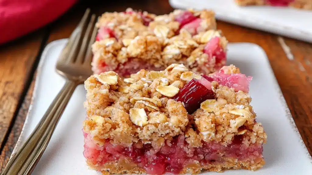 rhubarb oat bars with text overlay
