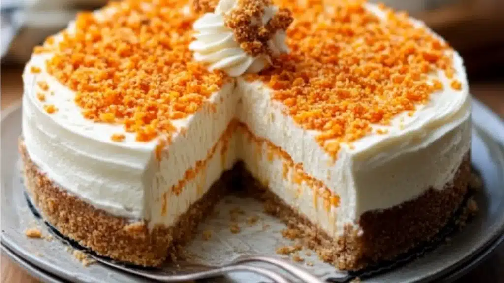 carrot cake cheesecake with white frosting and orange zest sprinkles
