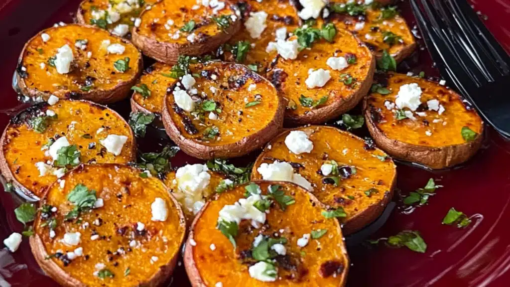 roasted sweet potato rounds with honey & feta on a baking sheet and in a casserole dish