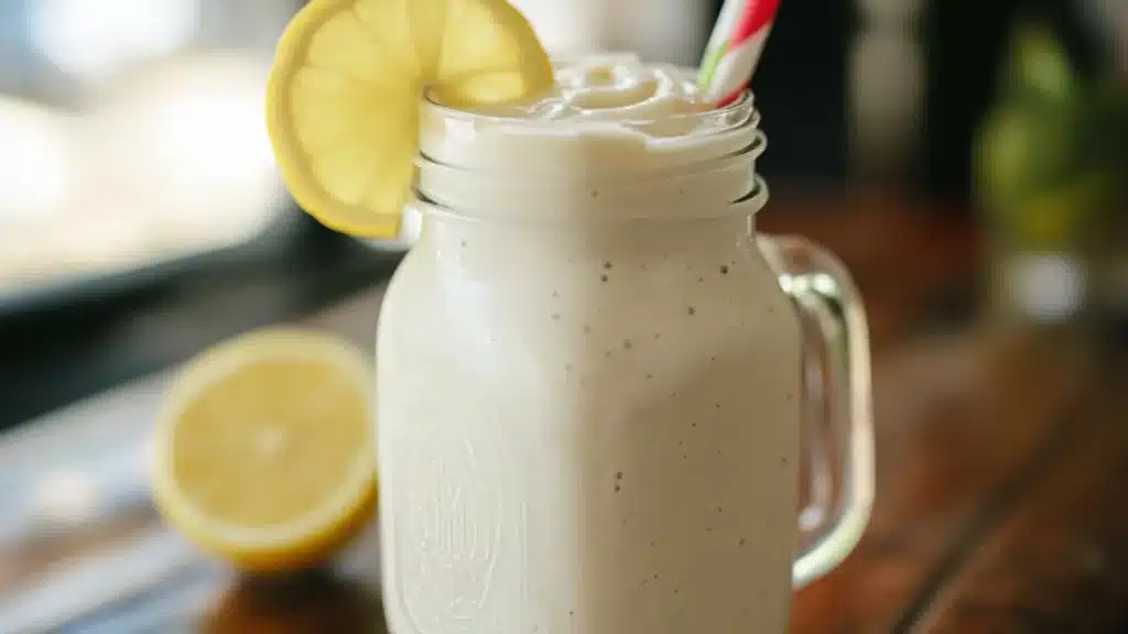 frosted lemonade with whipped cream and bananas on the side