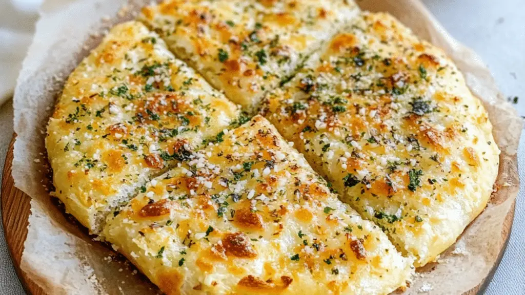 garlic parmesan focaccia bread in a casserole dish with text overlay