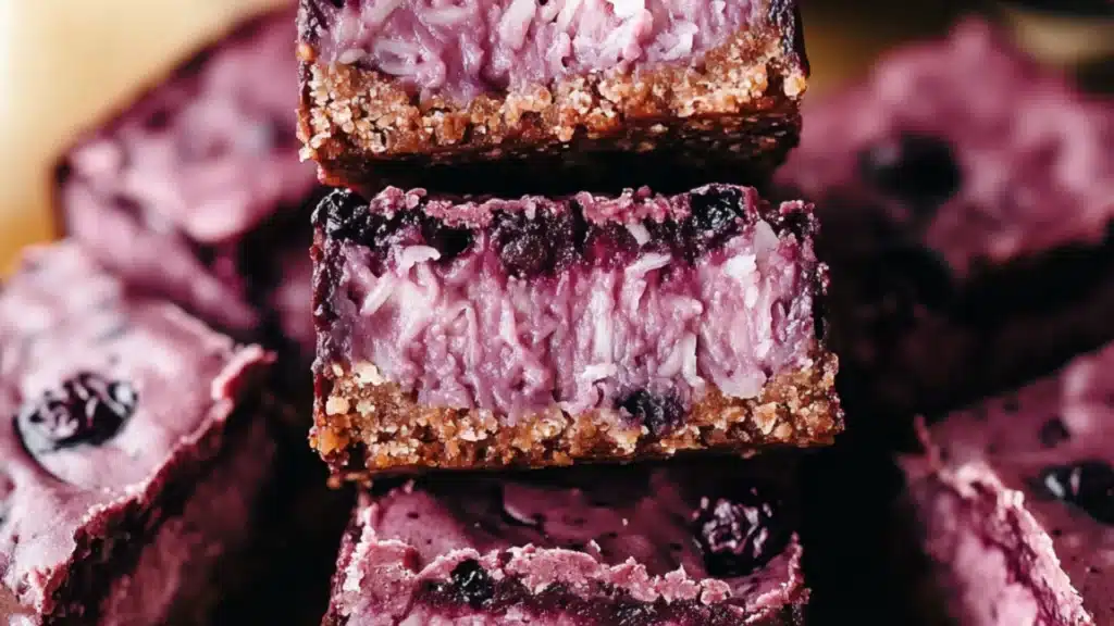 chocolate and raspberry coconut bars stacked on top of each other with text overlay