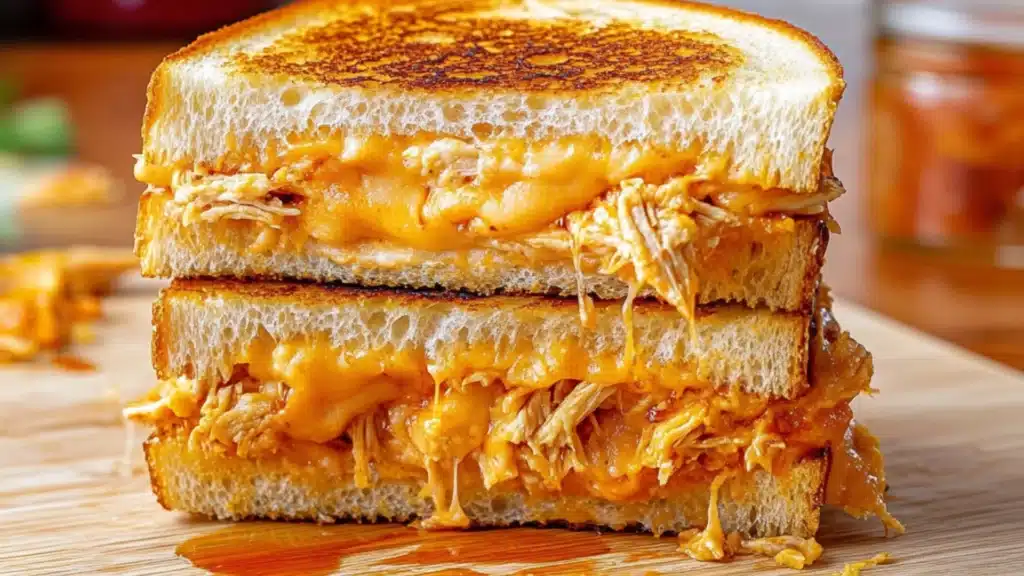 the buffalo chicken grilled cheese sandwich is cut in half and stacked on top of each other