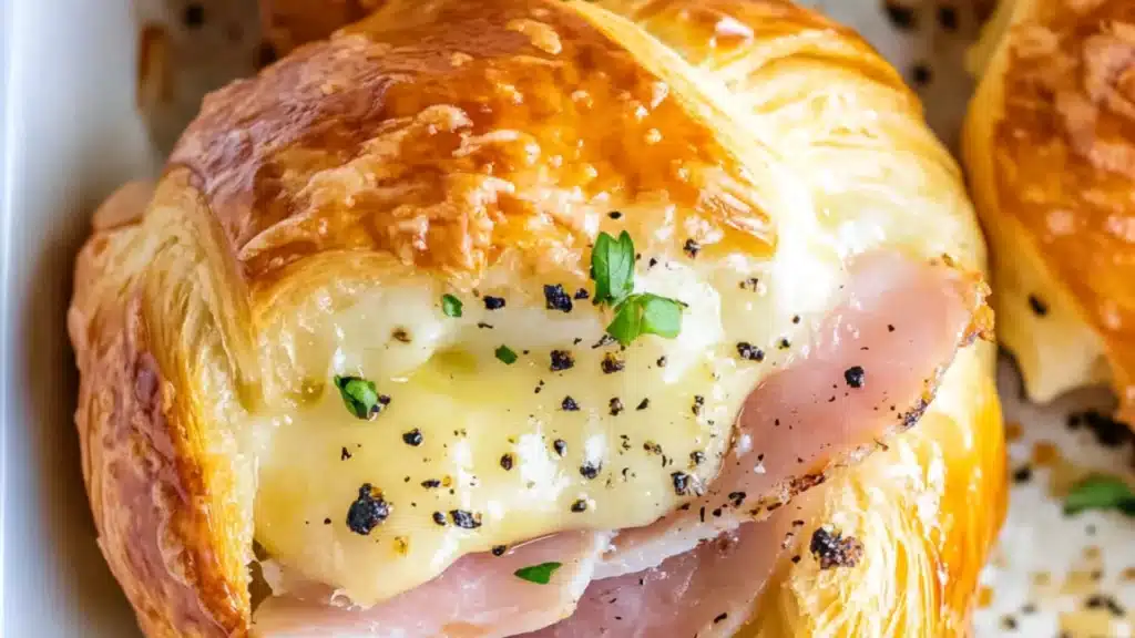 ham and cheese rolls in a white casserole dish