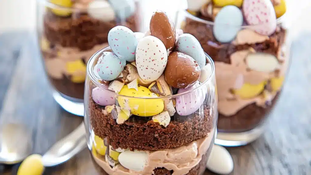 three desserts in small glass dishes on a table