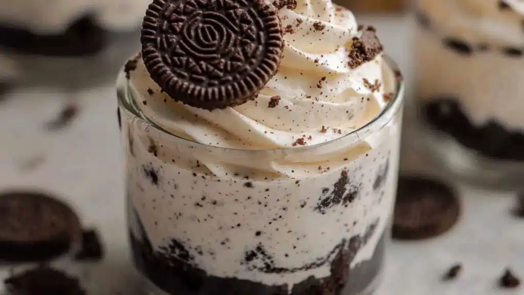 oreo cheesecake cups with cookies in the background and text overlay that reads easy no - bake oreo cheesecake cups