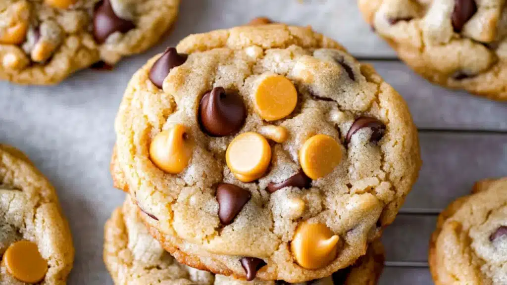 several cookies with chocolate chips and sea salt on top are shown in this collage