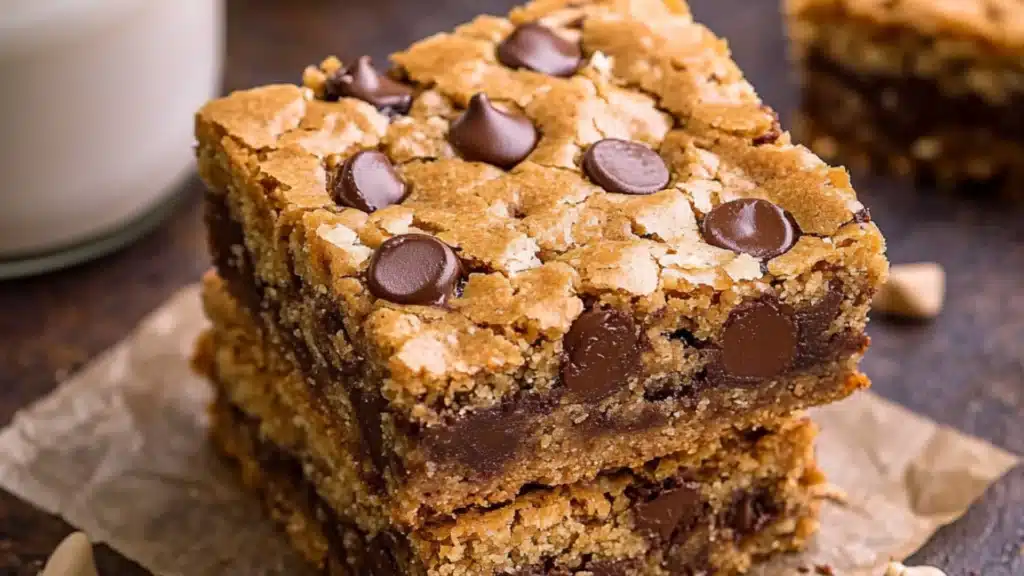 chocolate chip cookie bars stacked on top of each other with the words, better than anything bars