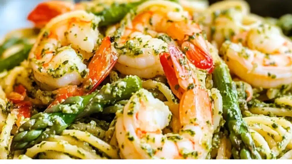 a pasta dish with shrimp, broccoli and tomatoes being stirred with a fork
