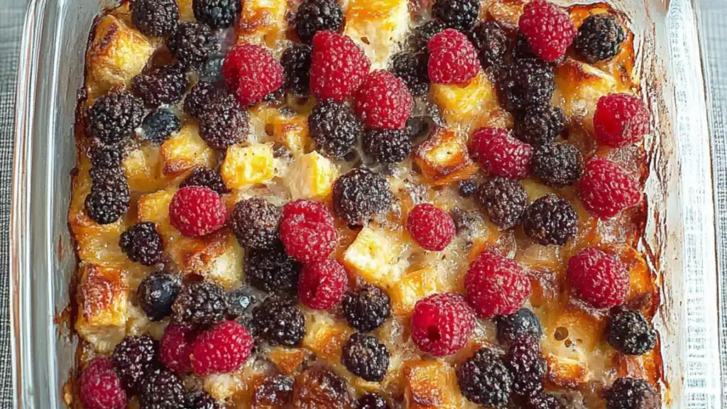 a casserole dish with berries in it and the words healthy overnight breakfast casserole just 5 ingredients