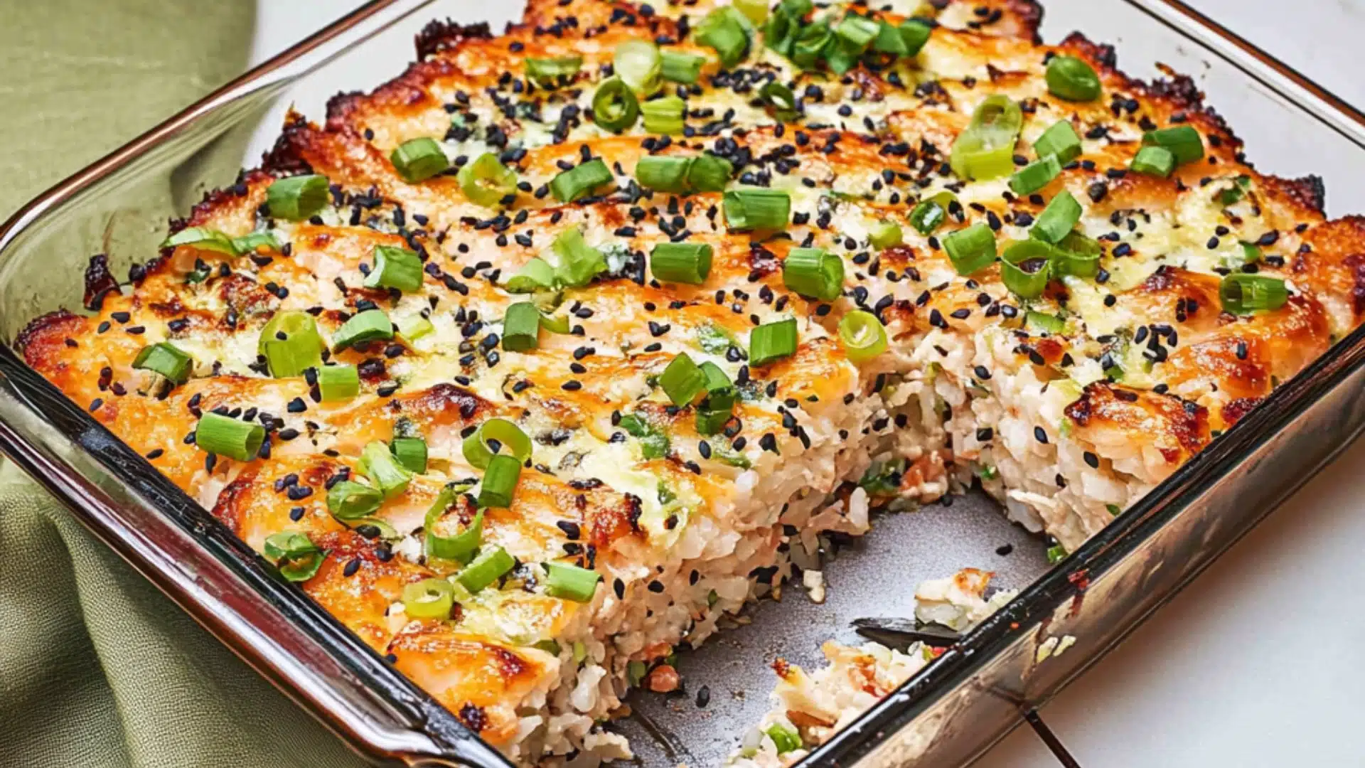 salmon sushi bake in a white casserole dish