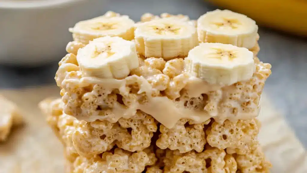 banana pudding rice krispies are stacked on top of each other