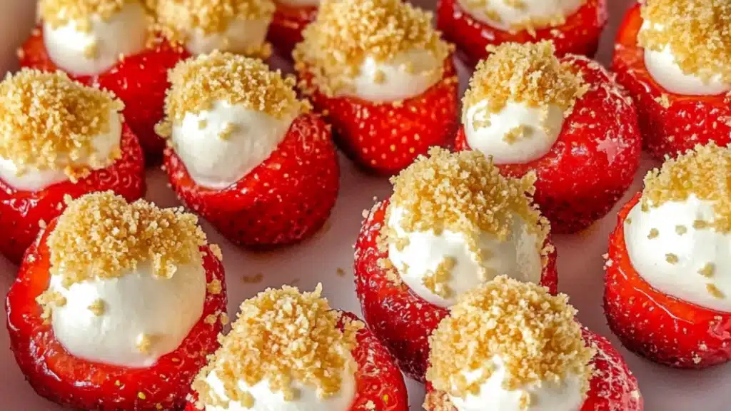A plate of strawberry cheesecake cups topped with white chocolate drizzle and garnished with fresh strawberries, perfect for springtime indulgence. These quick and easy cups bring together a creamy cheesecake filling, fresh fruit, and a graham cracke...