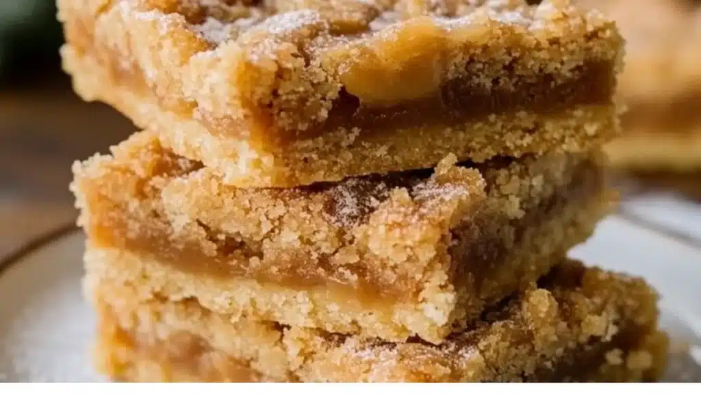 three different views of caramel butter bars on a wooden table with text overlay