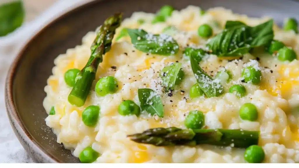 a white bowl filled with pasta and peas on top of a gray table next to a napkin
