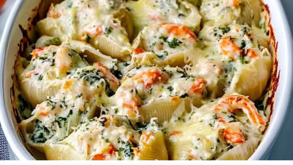 creamy seafood stuffed shells recipe in a white casserole dish with text overlay
