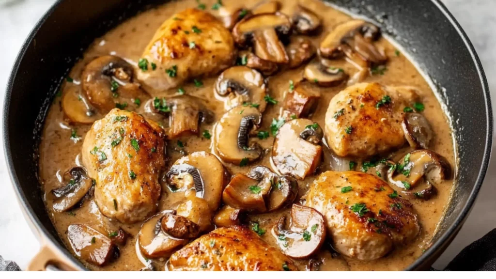 mushroom chicken with gravy in a skillet on the side and an image of mushrooms