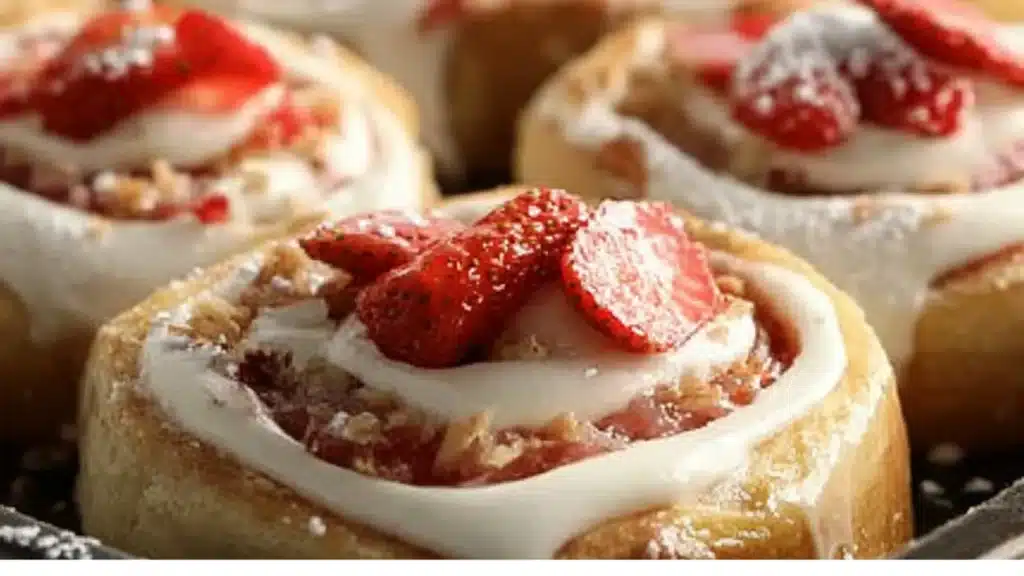 strawberry cheesecake filling, sweet dough, cream cheese frosting, decadent dessert, simple recipe, homemade sweet rolls