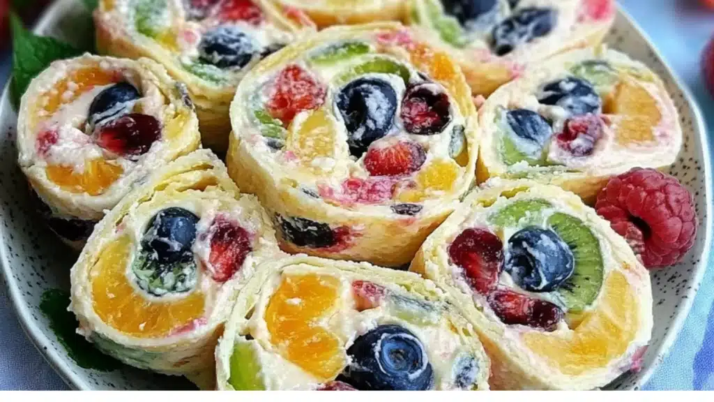 an assortment of fruit salad rolls on a plate with the words summer fruit salad roll ups