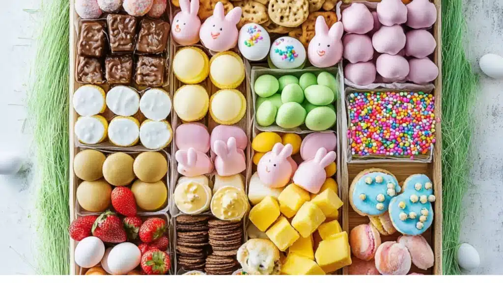 a tray filled with lots of different types of food and sweets on top of it
