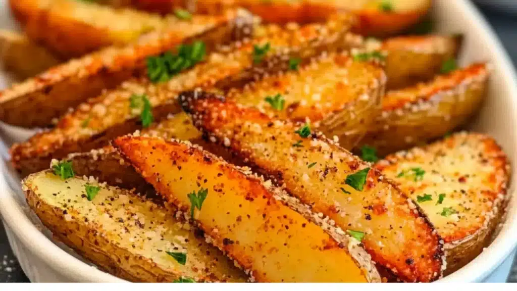 baked garlic parmesan potato wedges on a white plate