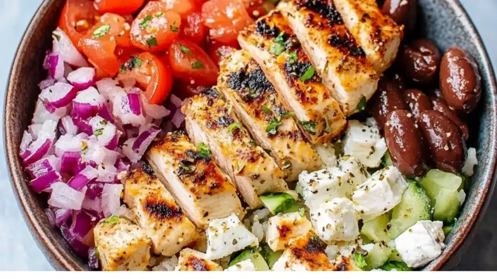 chicken and greek salad in a bowl with the words gluten - free healthy easy yummy greek chicken bowl