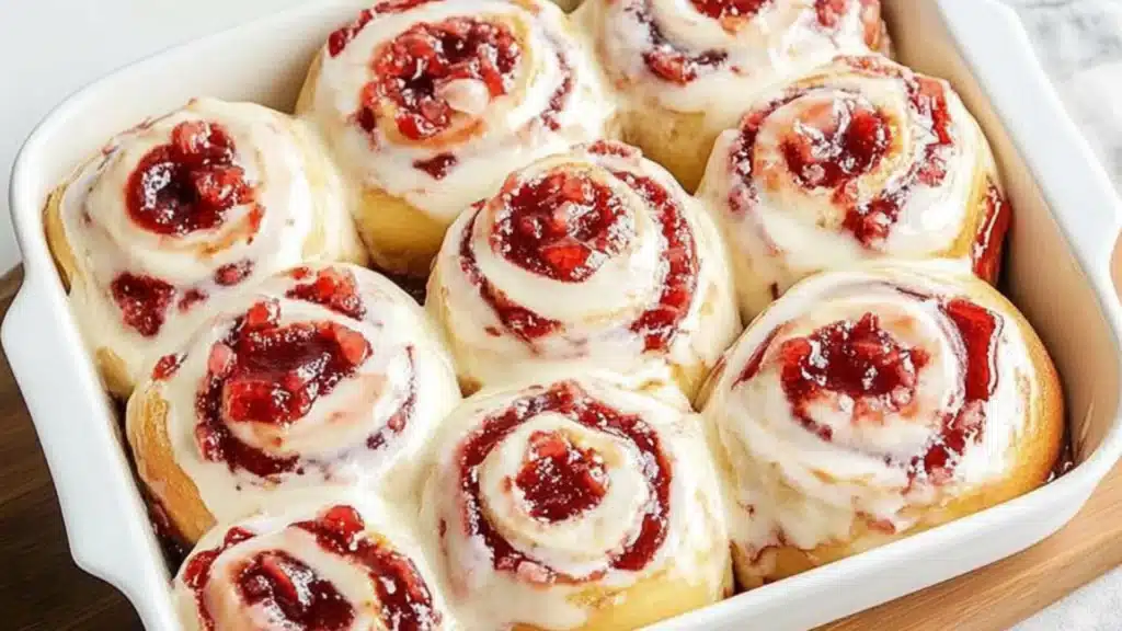 strawberry cheesecake cinnamon rolls with icing and strawberries
