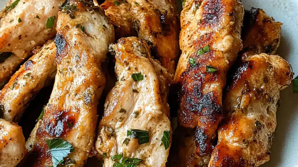 grilled chicken tenders on a white plate with lemon wedges