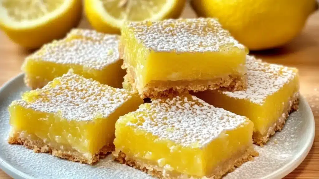 lemon bars are stacked on top of each other with powdered sugar in the middle