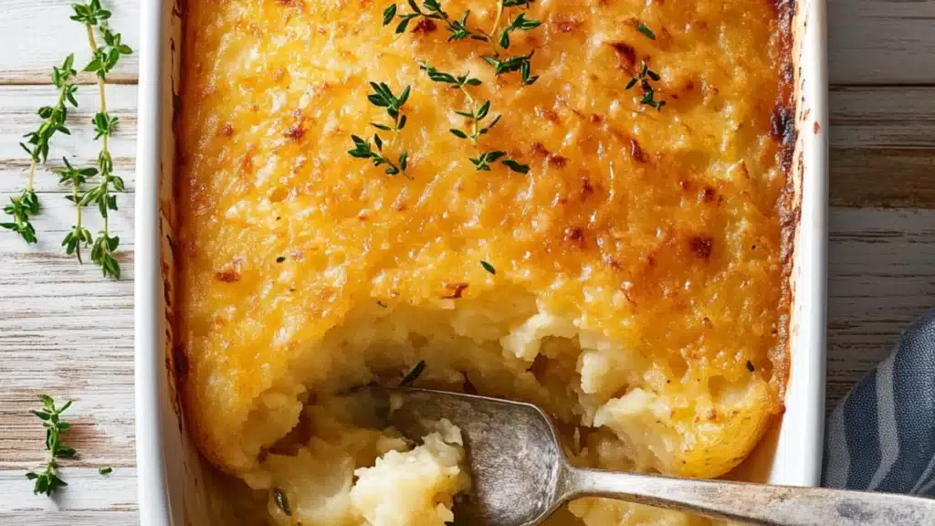a white casserole dish with cheese and potatoes in it, next to a wooden spoon