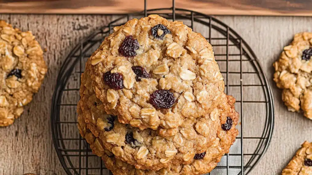 soft and chewy oatmeal raisin cookies stacked on top of each other