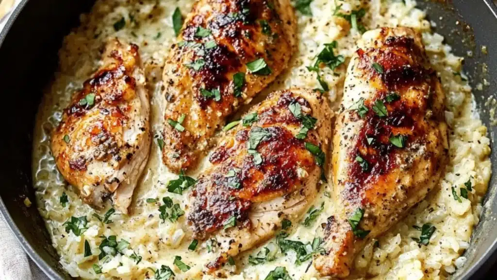 two plates filled with chicken and rice covered in creamy sauce