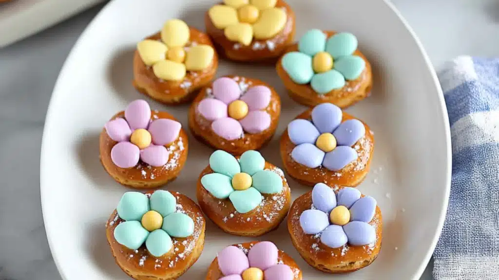 colorful candies are arranged on a plate with the words spring flower pretzel bites
