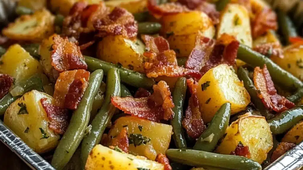 green beans and potatoes with bacon in a bowl on the side is text overlay that reads country ranch green beans and potatoes with bacon