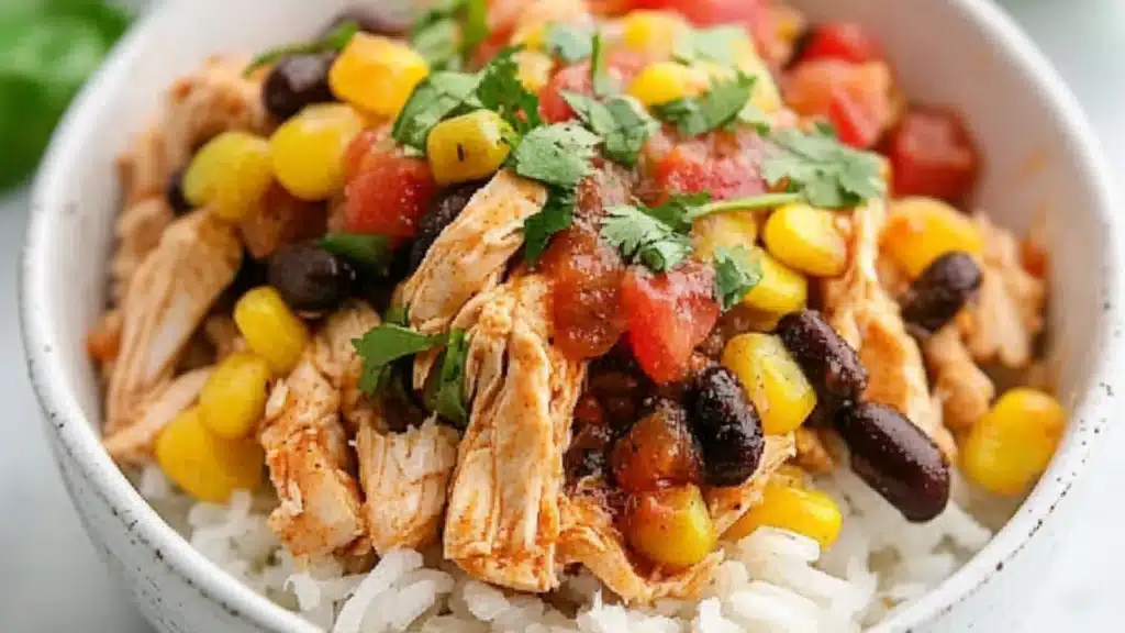 southwest chicken bowl with rice and vegetables on the side, in a white bowl topped with dressing