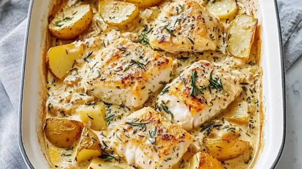 two pictures of chicken and potatoes in creamy cream sauce