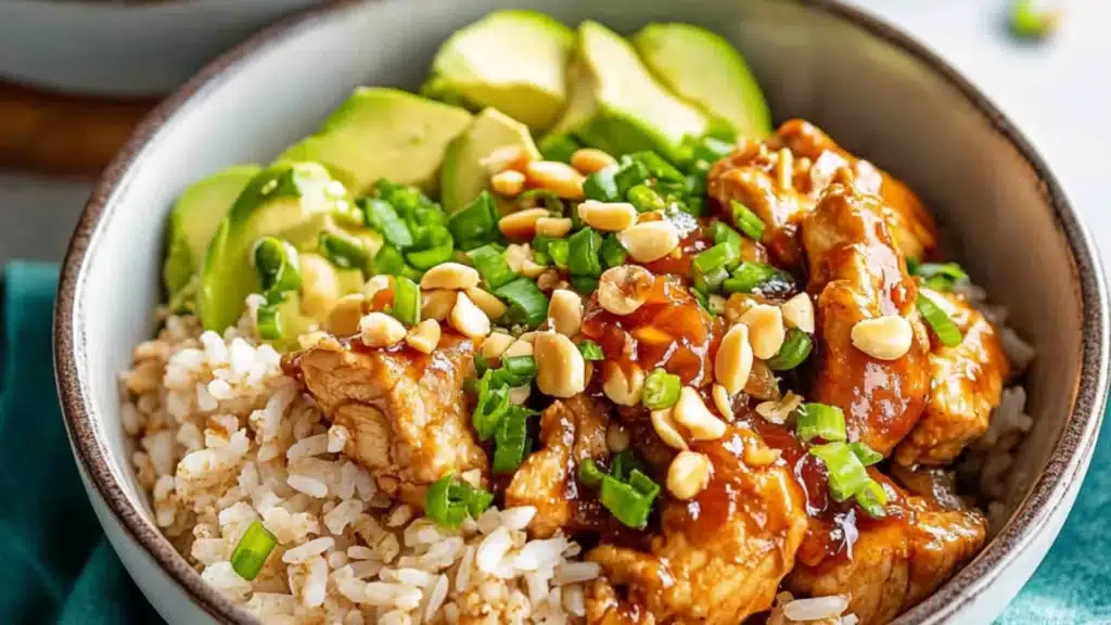 chicken and rice bowls with garlic sauce on the side are shown in this collage