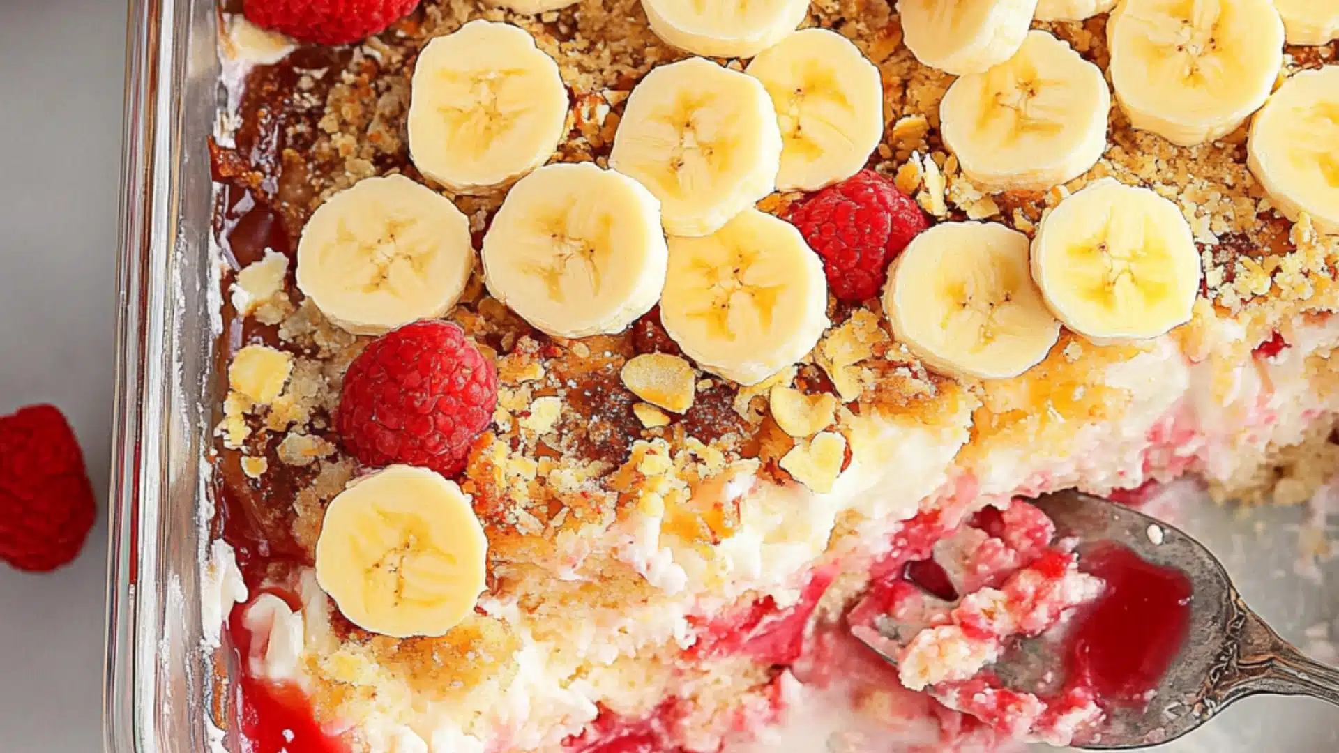 this banana split dump cake has strawberries and bananas on top