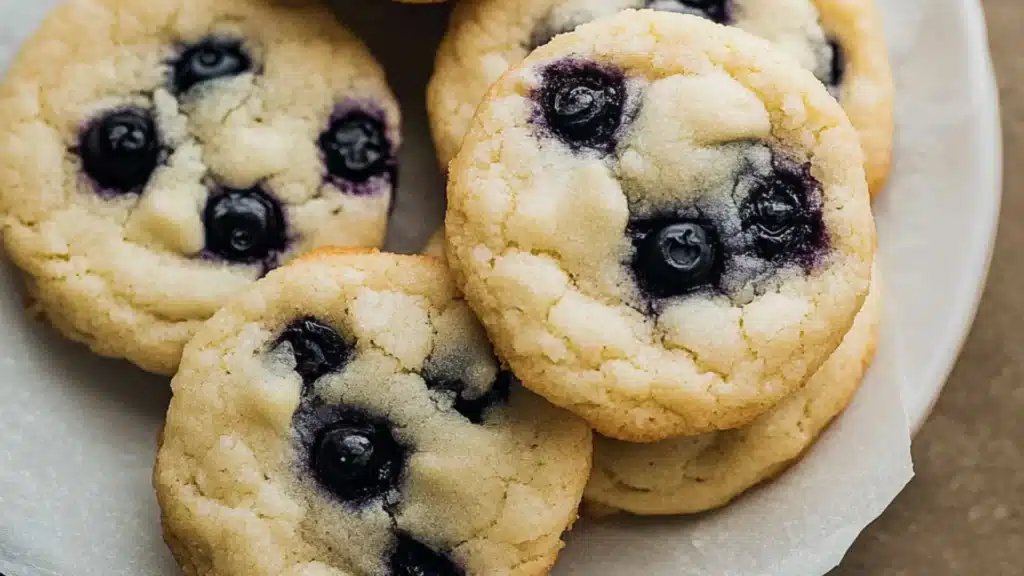 chewy lemon blueberry cookies stacked on top of each other with text overlay