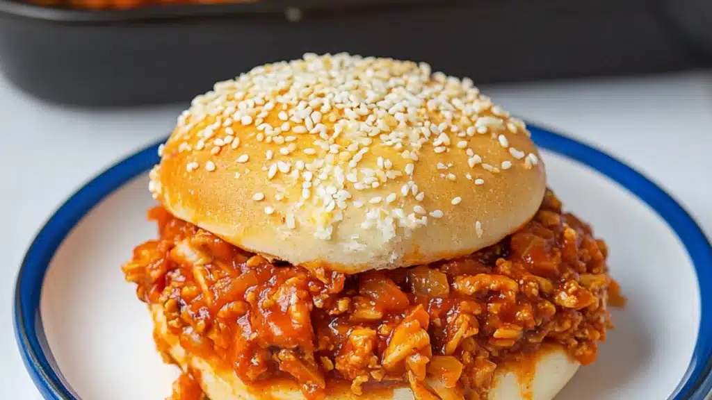 chicken parmesan sloppy joes on a white plate with text overlay that reads chicken parmesan sloppy joes