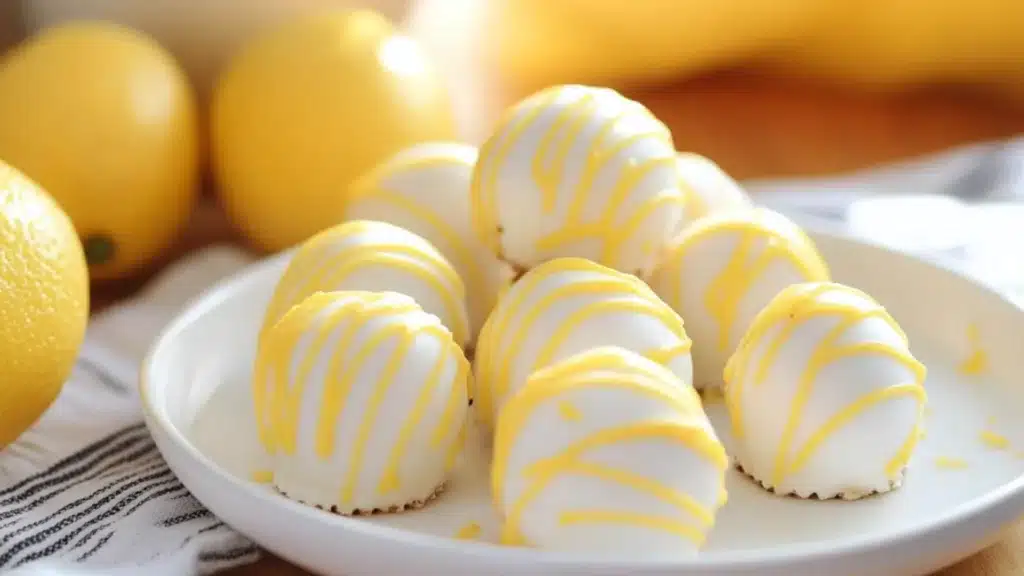 lemon truffles on a white plate with lemons in the background and text overlay
