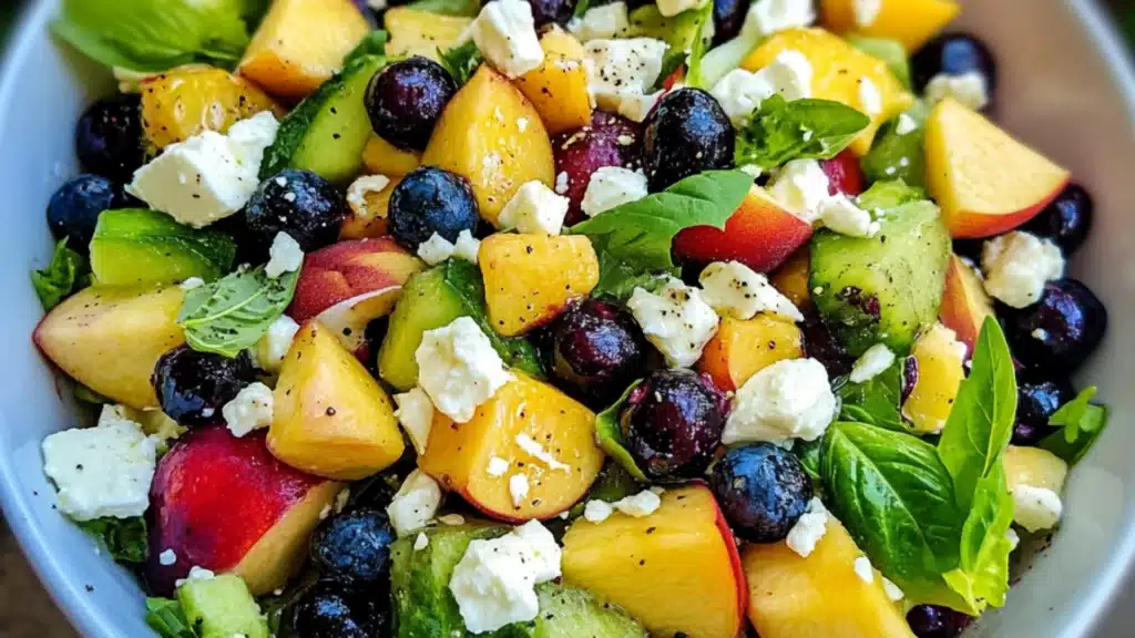 blueberry peach and feta salad with cucumbers in a bowl on the side
