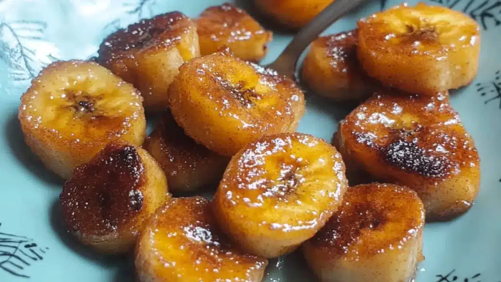 there are bananas that are on the plate with powdered sugar over them and then fried
